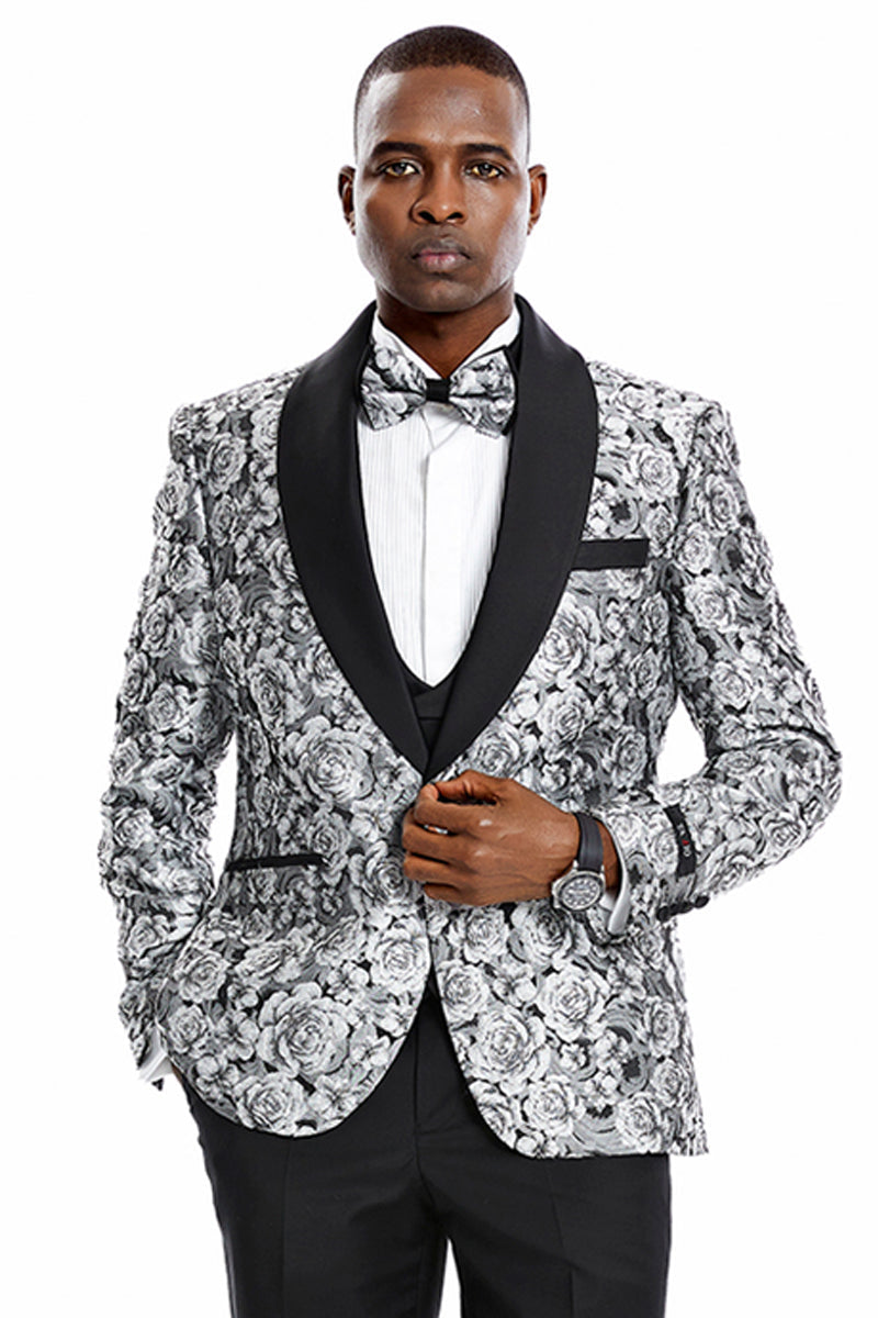 Esmoquin de graduación para hombre, de un botón, ajustado, con estampado floral brillante de cachemira, en color plateado.