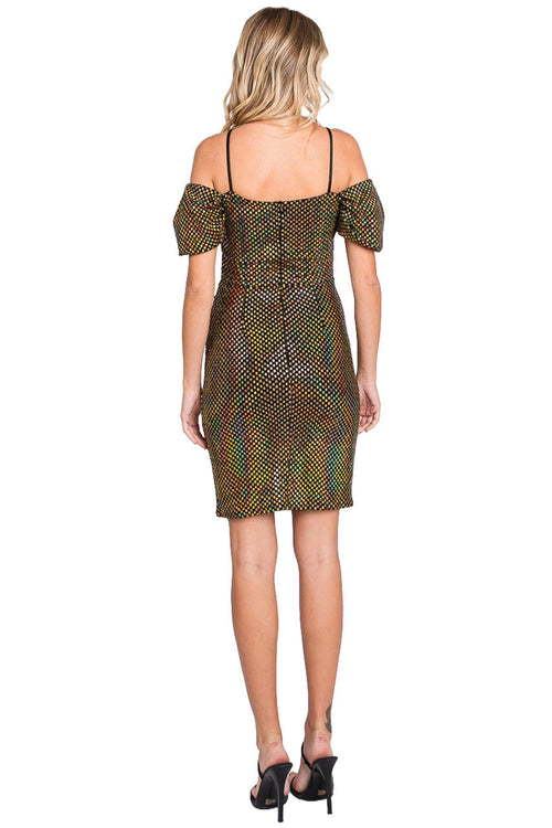 Lenovia 3074 Off Shoulder Metallic Nylon Fitted Puff Sleeve Dress