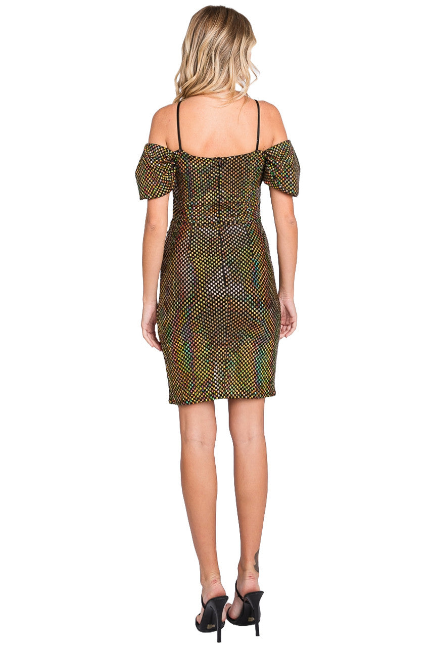 Lenovia 3074 Off Shoulder Metallic Nylon Fitted Puff Sleeve Dress