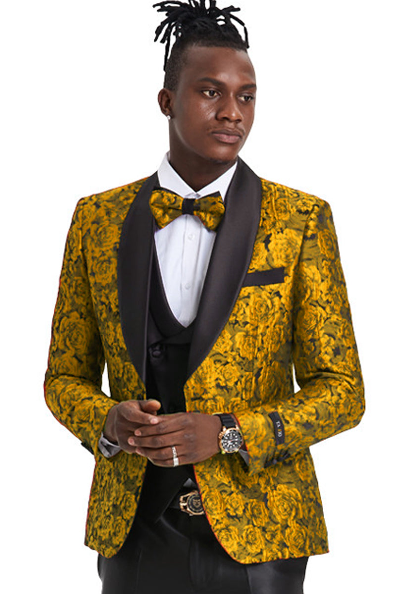 Esmoquin de graduación para hombre, de un botón, corte entallado, con estampado floral brillante de cachemira, en dorado