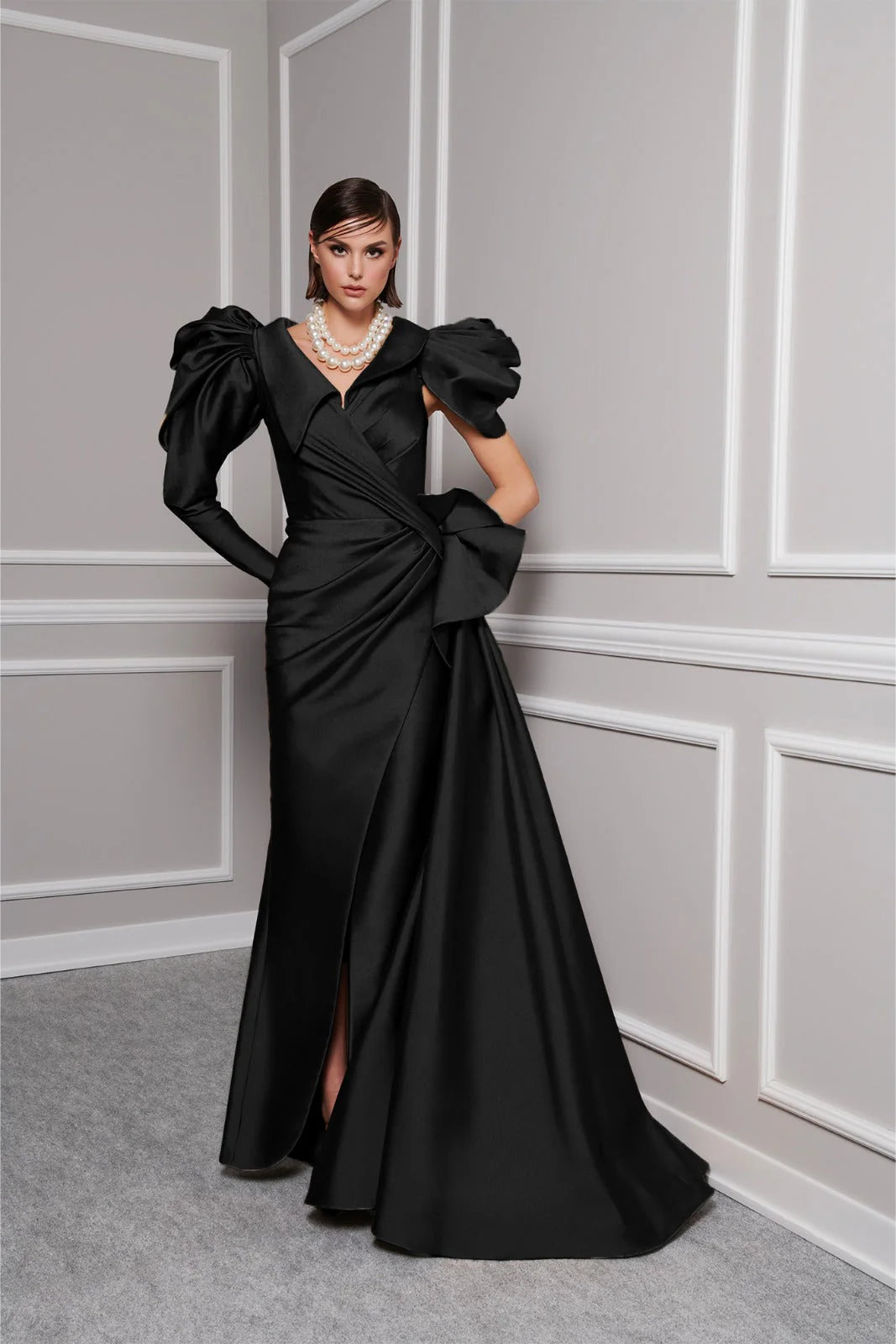 Long Sleeve Dramatic Puff Shoulder Satin A-Line Floor-Length Evening Gown by Fouad Sarkis 2726