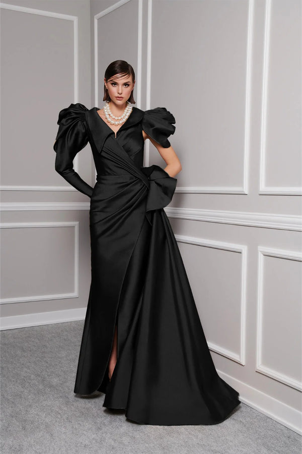 Long Sleeve Dramatic Puff Shoulder Satin A-Line Floor-Length Evening Gown by Fouad Sarkis 2726