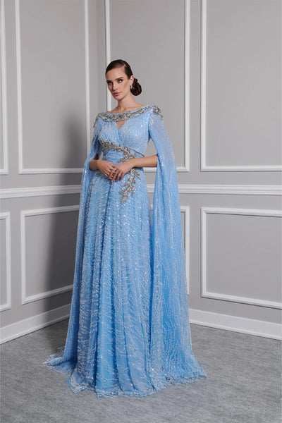 Sequin Beaded Cape Sleeve A-Line Floor-Length Formal Evening Gown by Fouad Sarkis 2806