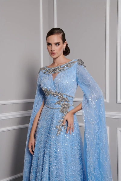 Sequin Beaded Cape Sleeve A-Line Floor-Length Formal Evening Gown by Fouad Sarkis 2806