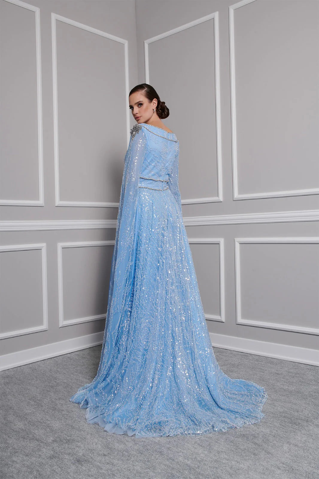 Sequin Beaded Cape Sleeve A-Line Floor-Length Formal Evening Gown by Fouad Sarkis 2806