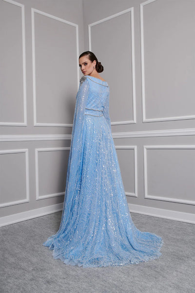 Sequin Beaded Cape Sleeve A-Line Floor-Length Formal Evening Gown by Fouad Sarkis 2806