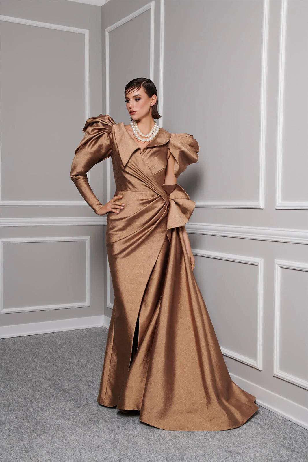 Long Sleeve Dramatic Puff Shoulder Satin A-Line Floor-Length Evening Gown by Fouad Sarkis 2726