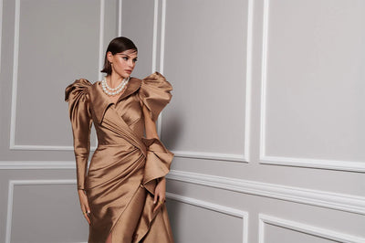 Long Sleeve Dramatic Puff Shoulder Satin A-Line Floor-Length Evening Gown by Fouad Sarkis 2726