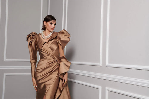 Long Sleeve Dramatic Puff Shoulder Satin A-Line Floor-Length Evening Gown by Fouad Sarkis 2726