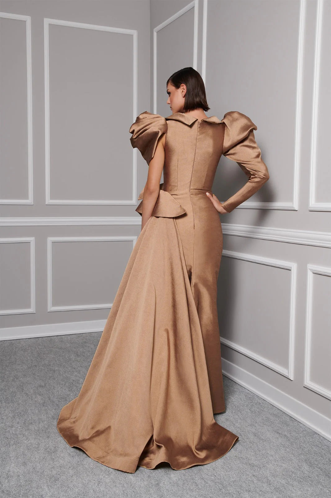 Long Sleeve Dramatic Puff Shoulder Satin A-Line Floor-Length Evening Gown by Fouad Sarkis 2726