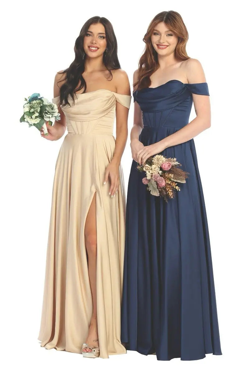 Cindy Collection 1812 Off-the-Shoulder Satin Dress with Slit and Contoured Bodice