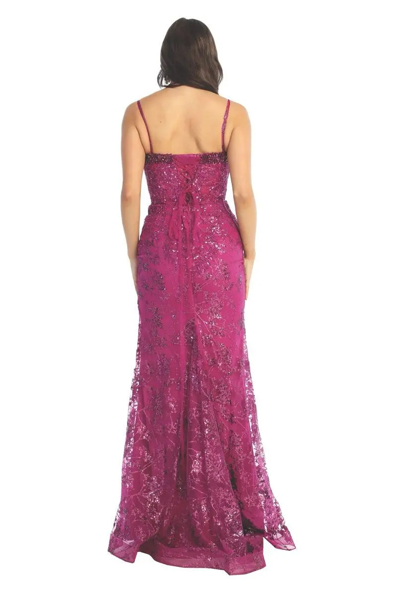 Cindy Collection 50488 Slit Leg Lace Design with Lined Detail Dress