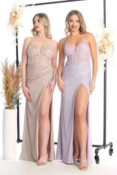 Cindy Collection 50476 Sparkling Slit Leg Woven Dress with Elegant Detailing