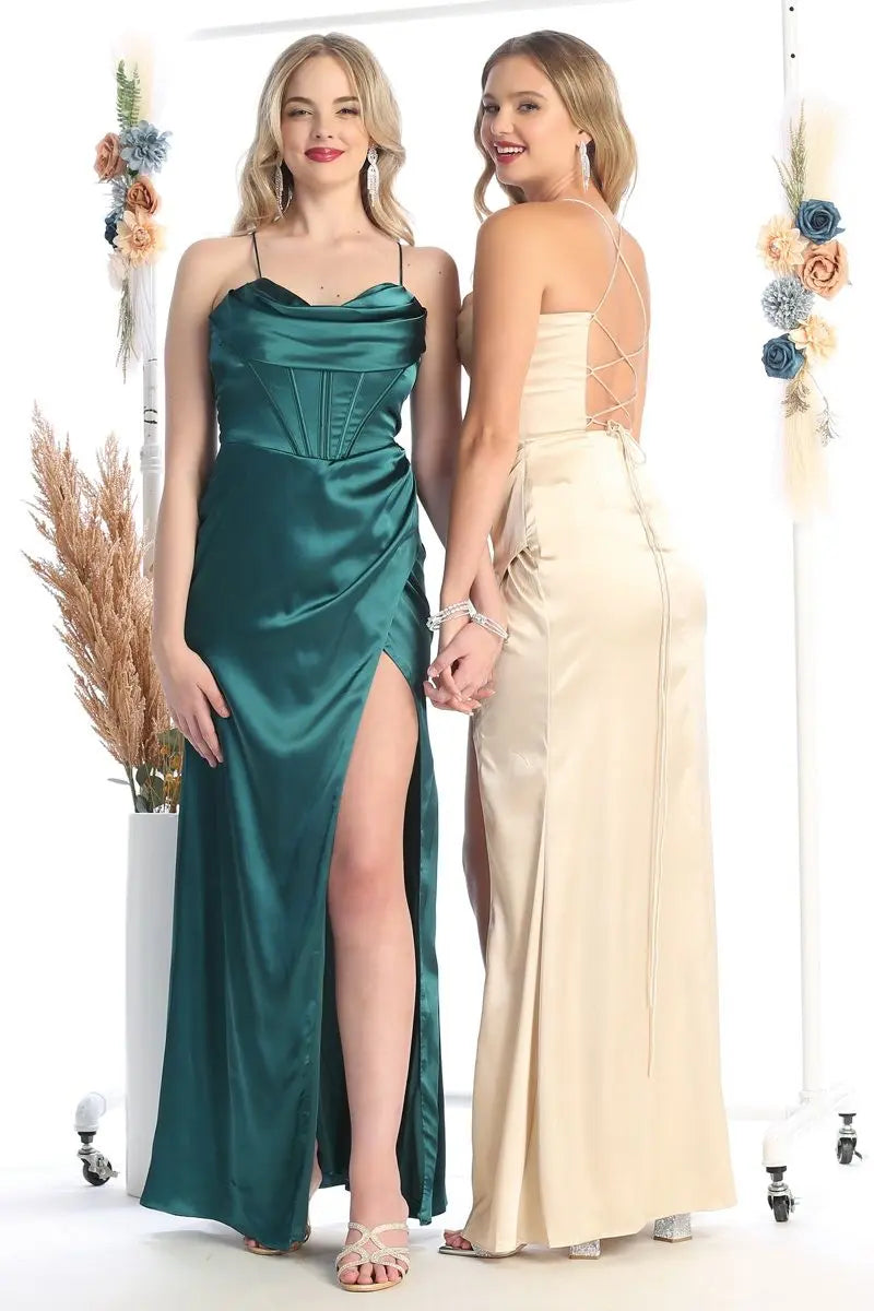 Cindy Collection 1755 Satin Lace Slit Corset Dress with Structured Bodice