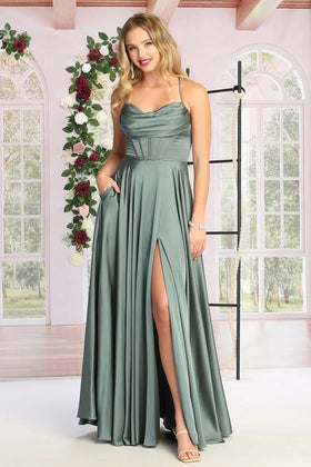 Cindy Collection 1757 Slit Leg Satin A Line Corset Dress with Tailored Pockets