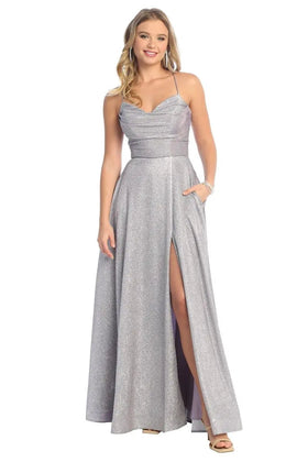 Cindy Collection 1774 Sparkling Slit Leg Satin A-Line Dress with Lace Details