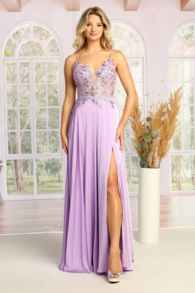 Cindy Collection 50452 Sparkling Embroidered Lace Slit Dress in Woven Material