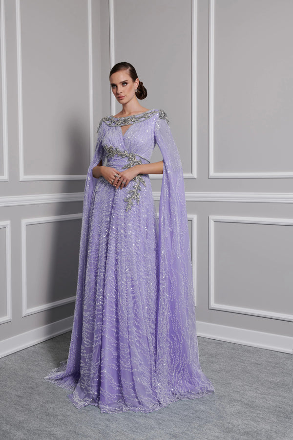 Sequin Beaded Cape Sleeve A-Line Floor-Length Formal Evening Gown by Fouad Sarkis 2806