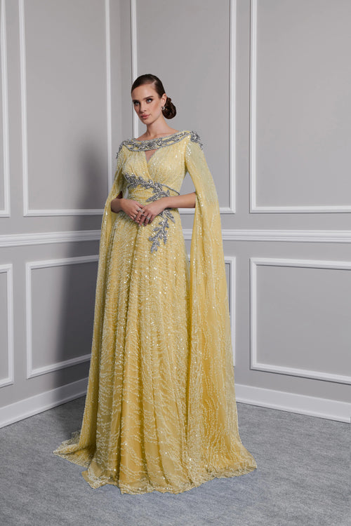 Sequin Beaded Cape Sleeve A-Line Floor-Length Formal Evening Gown by Fouad Sarkis 2806