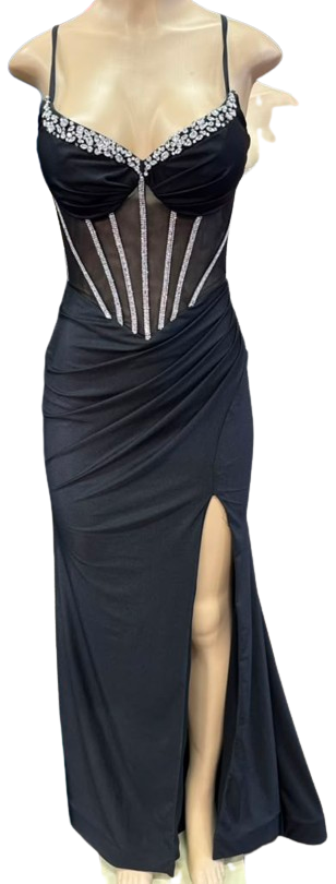 Spaghetti Straps Rhinestone Corset Mermaid Prom Dress Sheer Mesh Bodice Ruched Skirt by PL-004
