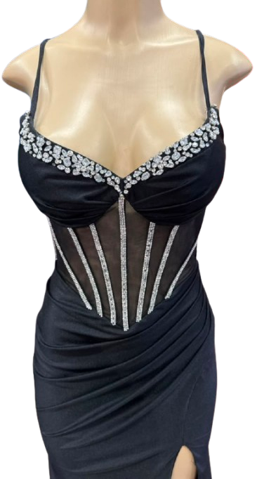 Spaghetti Straps Rhinestone Corset Mermaid Prom Dress Sheer Mesh Bodice Ruched Skirt by PL-004
