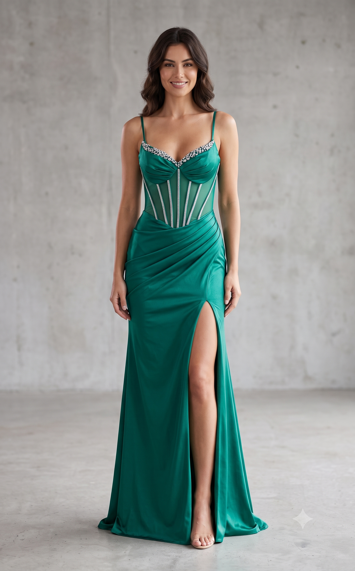 Spaghetti Straps Rhinestone Corset Mermaid Prom Dress Sheer Mesh Bodice Ruched Skirt by PL-004