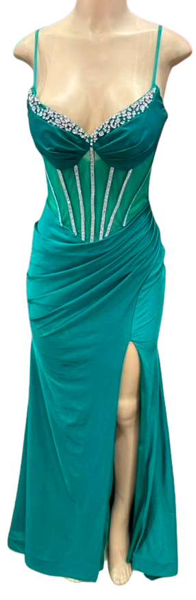 Spaghetti Straps Rhinestone Corset Mermaid Prom Dress Sheer Mesh Bodice Ruched Skirt by PL-004