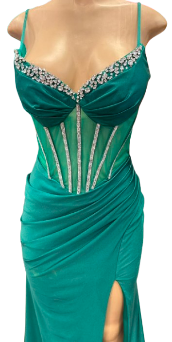 Spaghetti Straps Rhinestone Corset Mermaid Prom Dress Sheer Mesh Bodice Ruched Skirt by PL-004