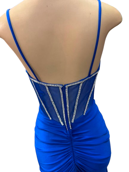 Spaghetti Straps Rhinestone Corset Mermaid Prom Dress Sheer Mesh Bodice Ruched Skirt by PL-004