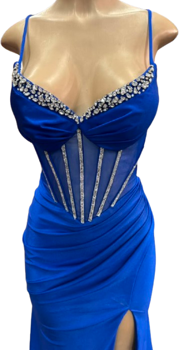 Spaghetti Straps Rhinestone Corset Mermaid Prom Dress Sheer Mesh Bodice Ruched Skirt by PL-004