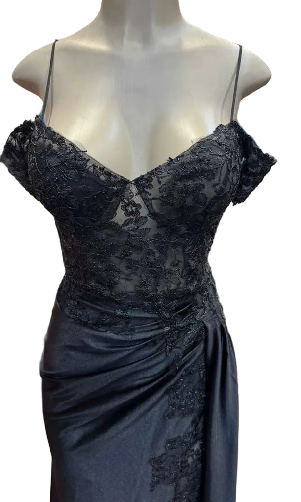 Cold-Shoulder Lace Formal Gown with Floral Appliqué and Draped Satin Evening Gown by PL-1005