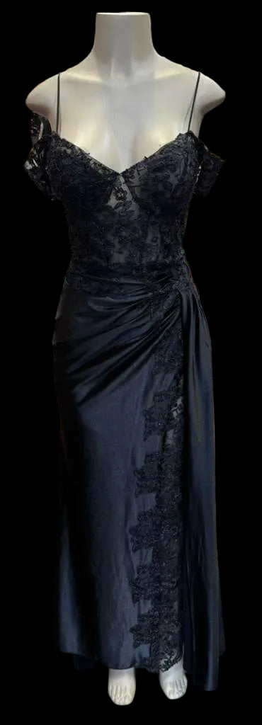 Cold-Shoulder Lace Formal Gown with Floral Appliqué and Draped Satin Evening Gown by PL-1005