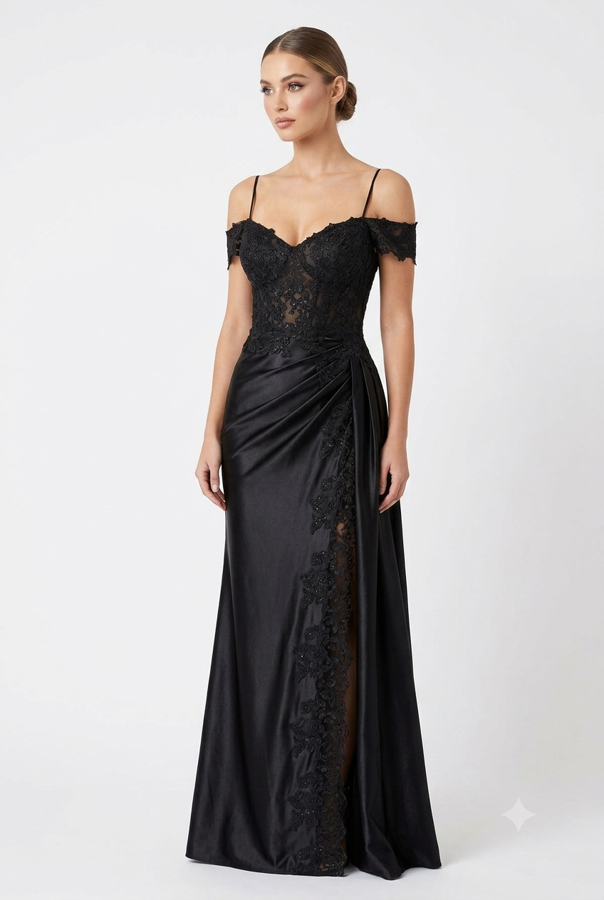 Cold-Shoulder Lace Formal Gown with Floral Appliqué and Draped Satin Evening Gown by PL-1005