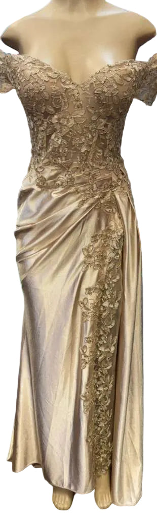 Cold-Shoulder Lace Formal Gown with Floral Appliqué and Draped Satin Evening Gown by PL-1005