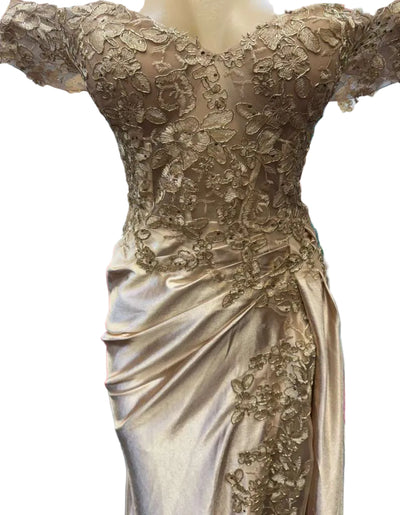 Cold-Shoulder Lace Formal Gown with Floral Appliqué and Draped Satin Evening Gown by PL-1005