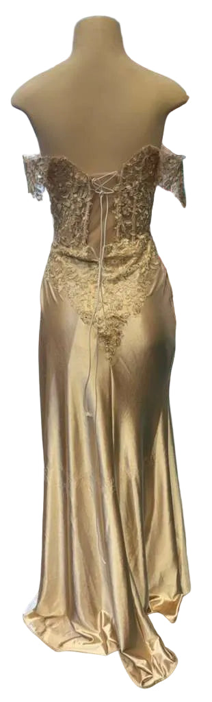 Cold-Shoulder Lace Formal Gown with Floral Appliqué and Draped Satin Evening Gown by PL-1005