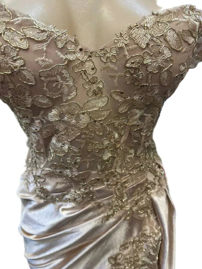 Cold-Shoulder Lace Formal Gown with Floral Appliqué and Draped Satin Evening Gown by PL-1005