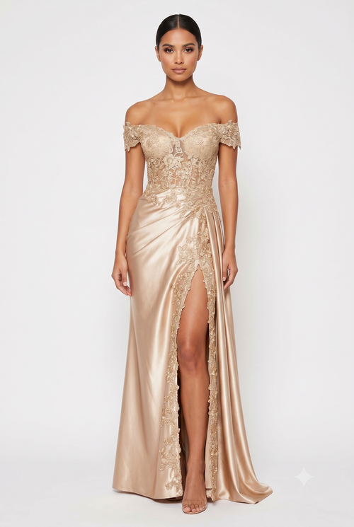 Cold-Shoulder Lace Formal Gown with Floral Appliqué and Draped Satin Evening Gown by PL-1005