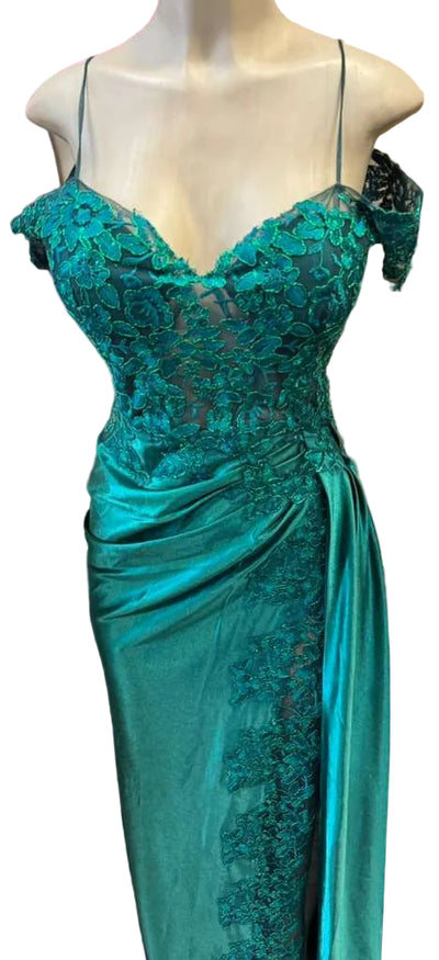 Cold-Shoulder Lace Formal Gown with Floral Appliqué and Draped Satin Evening Gown by PL-1005