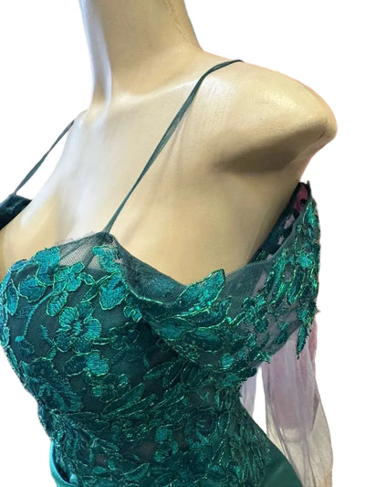 Cold-Shoulder Lace Formal Gown with Floral Appliqué and Draped Satin Evening Gown by PL-1005