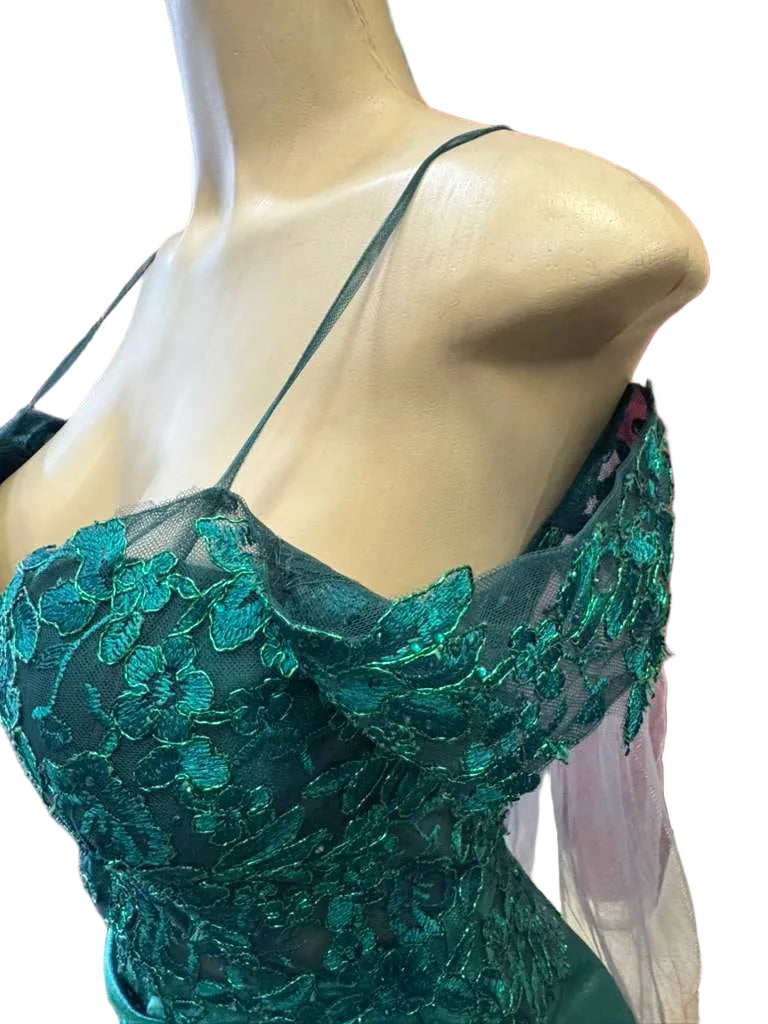 Cold-Shoulder Lace Formal Gown with Floral Appliqué and Draped Satin Evening Gown by PL-1005