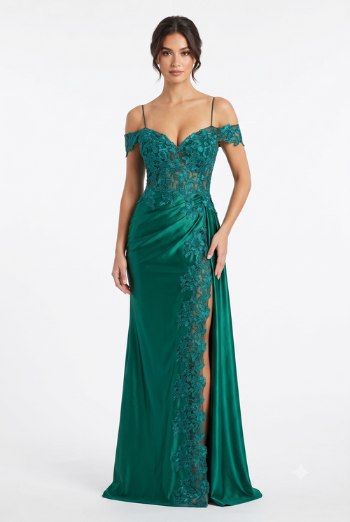 Cold-Shoulder Lace Formal Gown with Floral Appliqué and Draped Satin Evening Gown by PL-1005