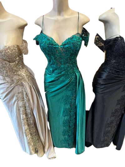 Cold-Shoulder Lace Formal Gown with Floral Appliqué and Draped Satin Evening Gown by PL-1005