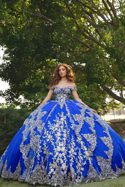 Applique Off Shoulder Quinceanera Dress Corset Ball Gown with Train by Bella Princess PQ1055