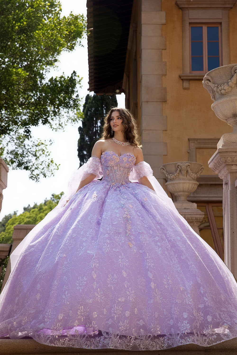 3D Floral Cape Sleeve Ball Gown by Bella Princess PQ1084