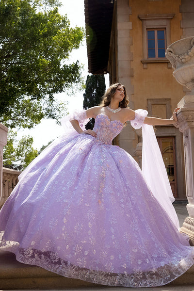 3D Floral Cape Sleeve Ball Gown by Bella Princess PQ1084