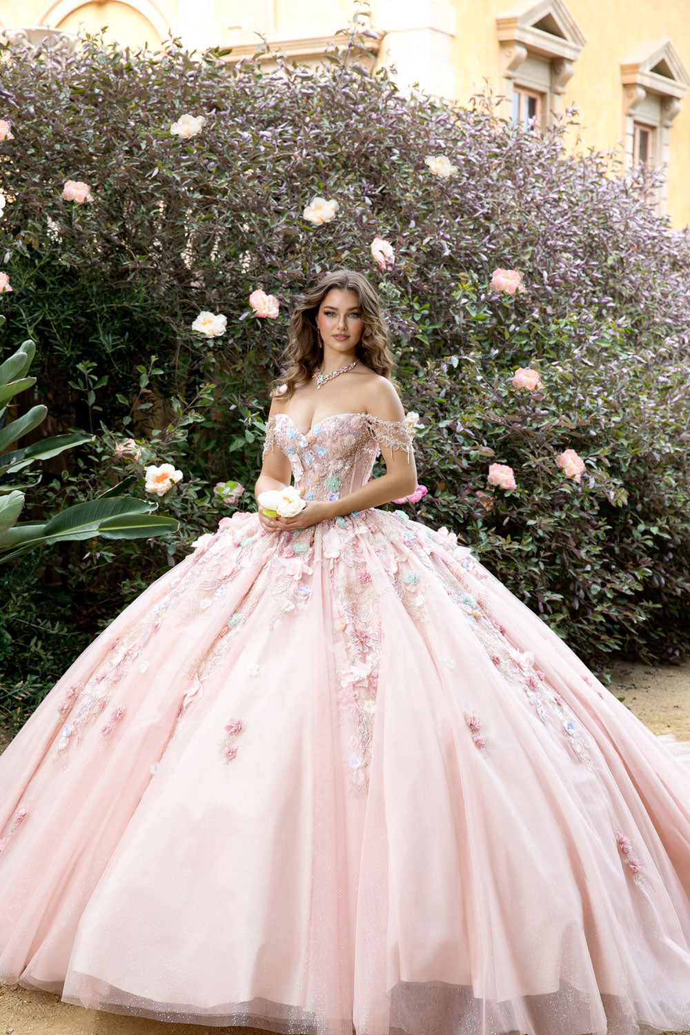 3D Floral Off Shoulder Ball Gown by Petite Adele PQ1096 Rose Gold / XL