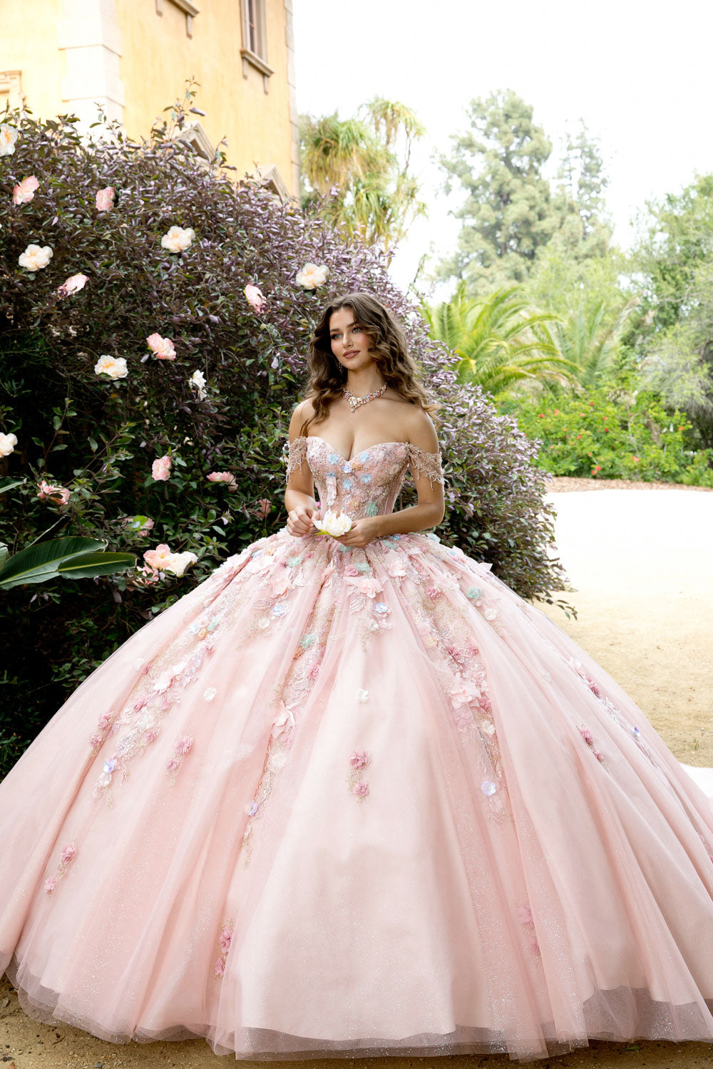 3D Floral Off Shoulder Ball Gown by Petite Adele PQ1096