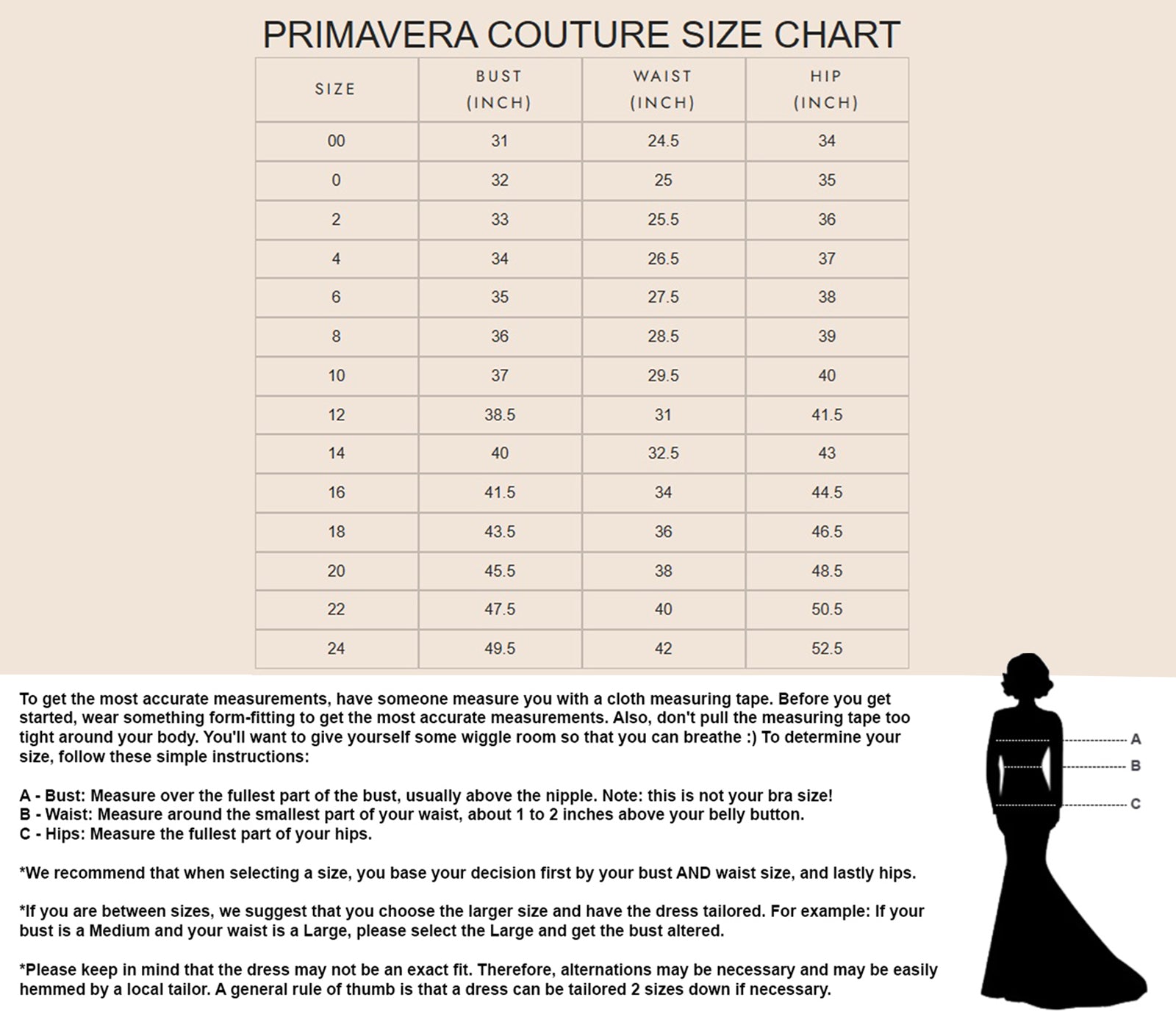 Primavera Couture Size Chart