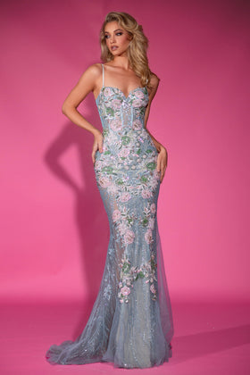Floral Sequin Corset Sheath Prom Dress Sheer Mesh Evening Gown by Portia & Scarlett PS25199